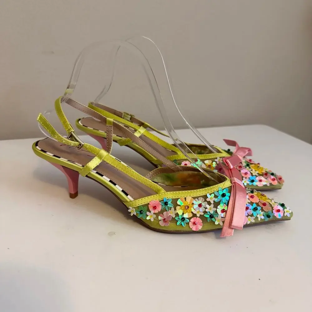 Betsey Johnson Witney Lime Floral Slingback Kitten Heels 8.5 Bow Whimsical Party